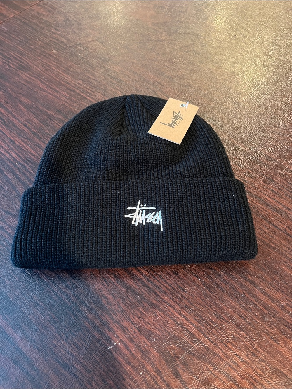 Stussy Black Beanie with White Script Logo